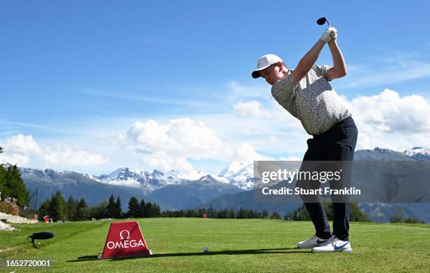 Robert Macintyre of Scotland tees off on the 7th hole during Day Two of the Omega European Masters at Crans-sur-Sierre Golf Club on September 01,...