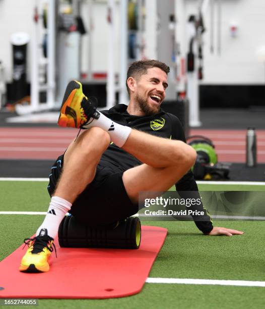 Jorginho of Arsenal during a training session at the Arsenal Training Ground at London Colney on September 01, 2023 in St Albans, England.