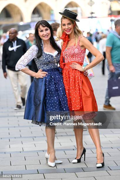 Anna Maria Kaufmann and Annika Gassner pose during the Astrid Söll Exclusive Pre-Wiesn Party at Spöckmeier Wirthaus on September 01, 2023 in Munich,...