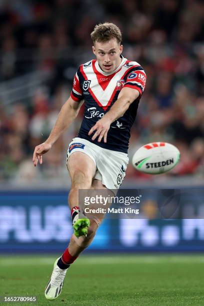 Sam Walker of the Roosters kicks during the round 27 NRL match between South Sydney Rabbitohs and Sydney Roosters at Accor Stadium on September 01,...
