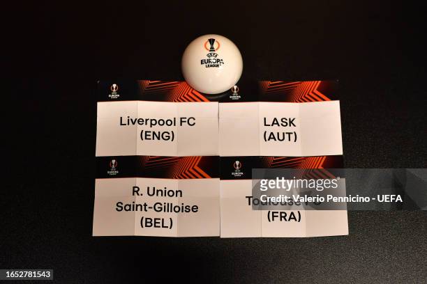 General view of the Group E draw of Liverpool FC, LASK, R. Union Saint-Gilloise and Toulouse FC following the UEFA Europa League 2023/24 Group Stage...