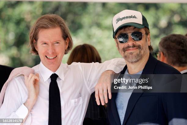 Wes Anderson and Benicio del Toro arrives at the Hotel Excelsior pier for the 80th Venice International Film Festival 2023 on September 01, 2023 in...