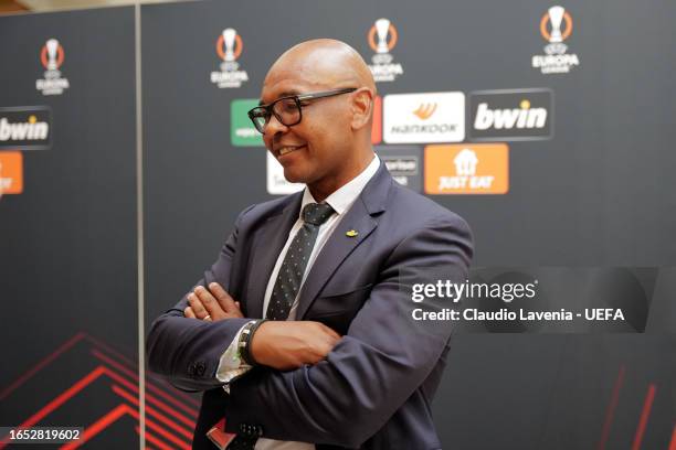 Marcos Senna, representative of Villarreal is interviewed following the UEFA Europa League 2023/24 Group Stage Draw at Grimaldi Forum on September...