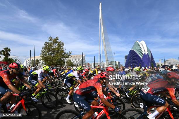 Filippo Ganna of Italy, Egan Bernal of Colombia and Team INEOS Grenadiers and a general view of the peloton passing in front of the "Ciudad de las...
