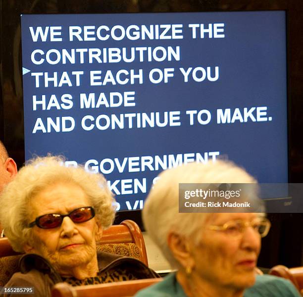 Residents of Constantia Retirement Residence in Thornhill are seen in foreground as the teleprompter rolls in the background as Conservative Leader...