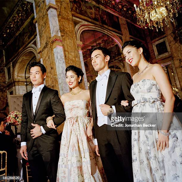 Debutantes and escorts Xuan Mu, Miyuki Uramune, Ken Foulfoin and Ikue Uramune photographed at the Crillon Debutante Ball for Vanity Fair Magazine on...