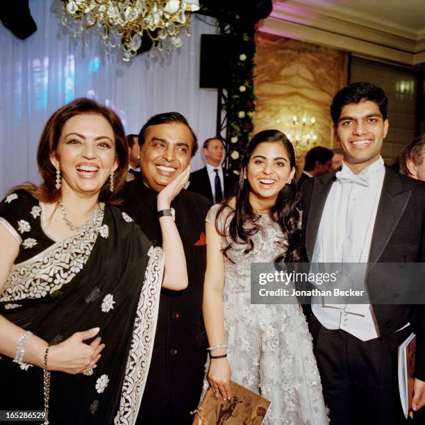 Nita, Mukesh and Isha Ambani with Anchit Nayar are photographed at the Crillon Debutante Ball for Vanity Fair Magazine on November 22, 2012 in Paris,...