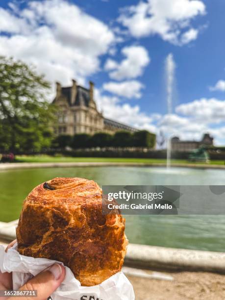 pov of human hand holding a pain au chocolat - pain au chocolat stock pictures, royalty-free photos & images