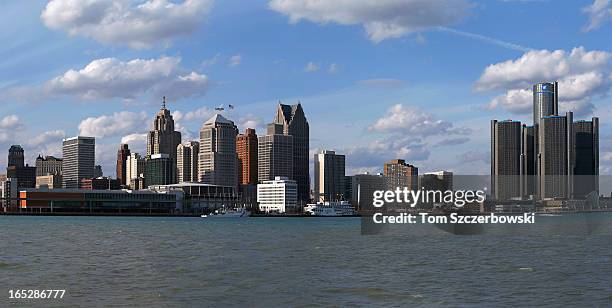 The Detroit city skyline as viewed from Windsor after the Detroit Red Wings NHL game against the Chicago Blackhawks at Joe Louis Arena on March 31,...