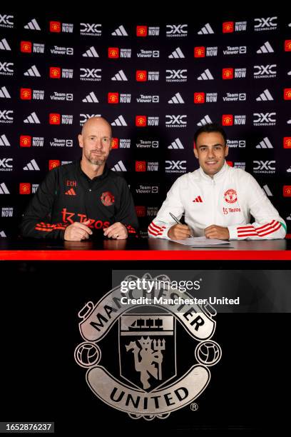 Sergio Reguilon of Manchester United poses with Manager Erik ten Hag after signing for the club at Carrington Training Ground on September 01, 2023...