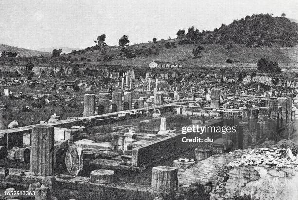 olympia, ruins of heraion - ancient olympia greece stock illustrations