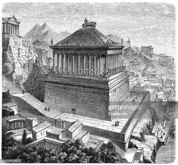 mausoleum of halicarnassus, grave of maussolos - bodrum turkey stock illustrations