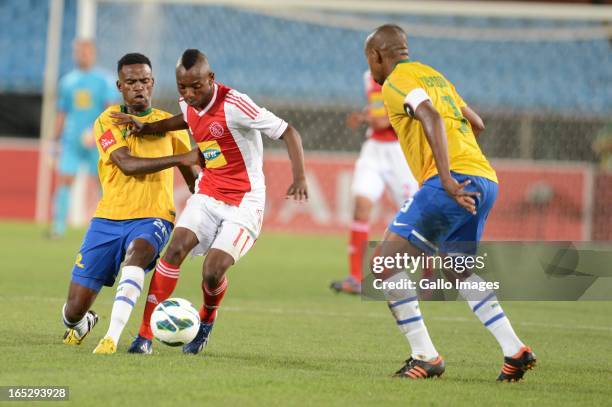 Jabulani Shongwe and Billiat Khama compete during the Absa Premiership match between Mamelodi Sundowns and Ajax Cape Town at Loftus Stadium on April...