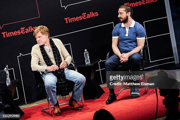 Actor/ director Robert Redford and actor Shia LaBeouf attend TimesTalks Presents: "The Company You Keep" at TheTimesCenter on April 2, 2013 in New...