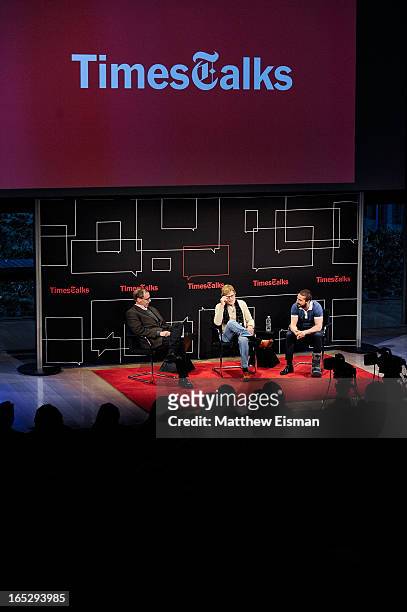 New York Times media columnist David Carr, actor/ director Robert Redford and actor Shia LaBeouf attend TimesTalks Presents: "The Company You Keep"...