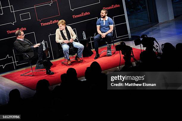 New York Times media columnist David Carr, actor/ director Robert Redford and actor Shia LaBeouf attend TimesTalks Presents: "The Company You Keep"...