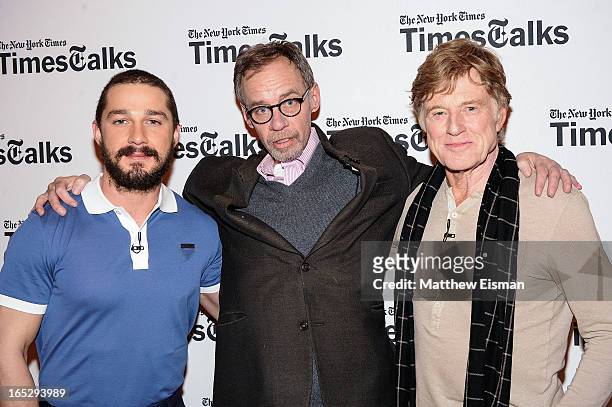Actor Shia LaBeouf, New York Times media columnist David Carr and actor/ director Robert Redford attend TimesTalks Presents: "The Company You Keep"...