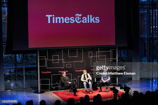 New York Times media columnist David Carr, actor/ director Robert Redford and actor Shia LaBeouf attend TimesTalks Presents: "The Company You Keep"...