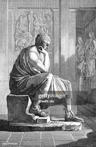 aristotle statue, sitting, thinking, side view - aristotle stock illustrations