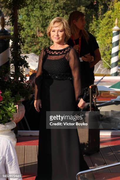 Alberta Ferretti arrives at the Hotel Excelsior pier ahead of the Kineo Award 2023 during the 80th Venice International Film Festival 2023 on...