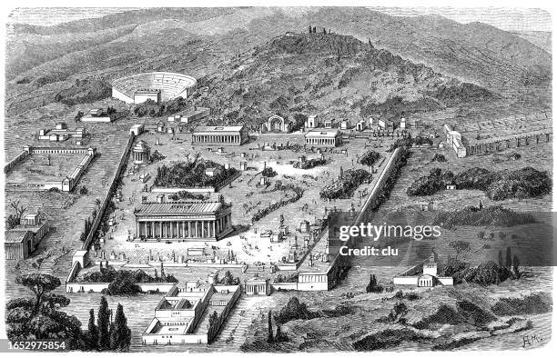 olympia fairground, reconstruction - ancient olympia greece stock illustrations