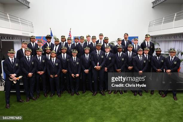 Players take part during the Australia Wallabies Official Rugby World Cup Welcome Ceremony ahead of the Rugby World Cup France 2023, on September 01,...