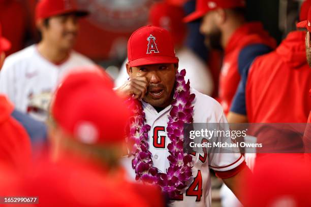 Kurt Suzuki of the Los Angeles Angels gets emotional following his retirement ceremony prior to a game against the Texas Rangers at Angel Stadium of...