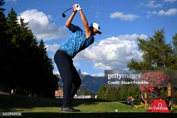 Adrian Meronk of Poland tees off on the 18th hole during Day Two of the Omega European Masters at Crans-sur-Sierre Golf Club on September 01, 2023 in...