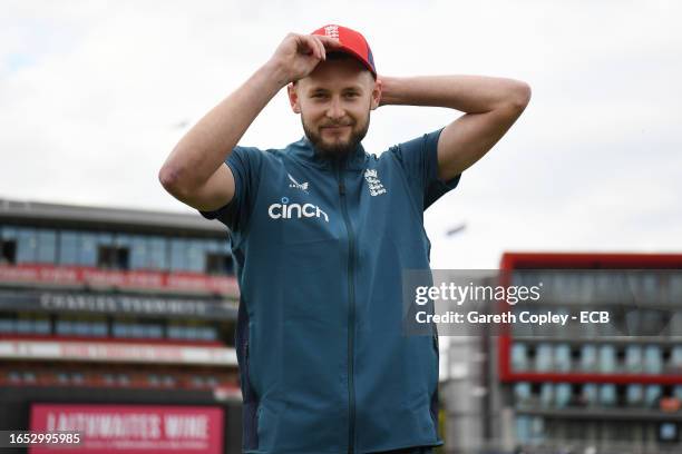 Gus Atkinson of England is presented with his international T20 cap ahead of the 2nd Vitality T20 International between England and New Zealand at...