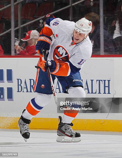 Marty Reasoner of the New York Islanders skates against the New Jersey Devils during the game at the Prudential Center on April 1, 2013 in Newark,...