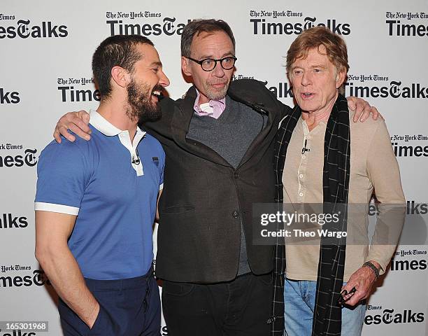 Shia LaBeouf, New York Times media columnist David Carr and Robert Redford attend TimesTalks Presents: "The Company You Keep" at TheTimesCenter on...