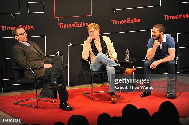 New York Times media columnist David Carr, Robert Redford and Shia LaBeouf attend TimesTalks Presents: "The Company You Keep" at TheTimesCenter on...