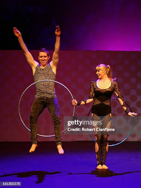 Hanne Grant performs with Hula Hoops during a National Institute of Circus Arts photo call for 'Leap of Faith: Circus in Motion' at NICA on April 3,...