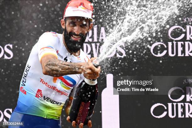Geoffrey Soupe of France and Team TotalEnergies celebrates at podium as stage winner during the 78th Tour of Spain 2023, Stage 7 a 200.8km stage from...