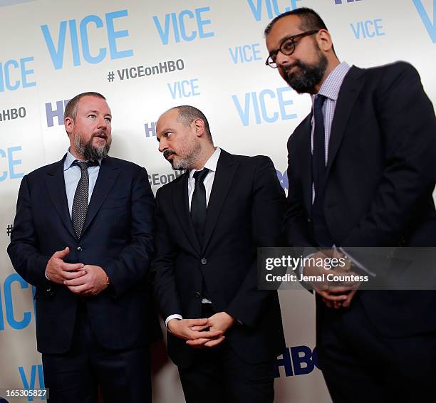 Host and executive producer Shane Smith, executive producer Eddy Moretti and Suroosh Alvi attend the "Vice" New York Premiere at Time Warner Center...