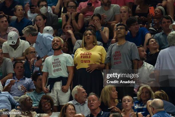 Activists with the Extinction Rebellion disrupted the semifinal round match between Coco Gauff of USA and Karolina Muchova of Czechia at the US Open...