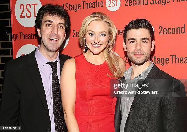 Jason Robert Brown, Betsy Wolfe and Adam Kantor attend the after party for the off-Broadway opening night of "The Last Five Years" at HB Burger on...