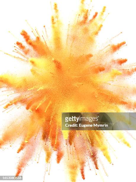 dynamic white-infused background with yellow and orange powder burst - orange powder ストックフォトと画像