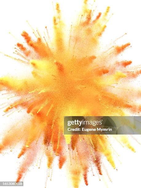 dynamic white-infused background with yellow and orange powder burst - pó colorido imagens e fotografias de stock
