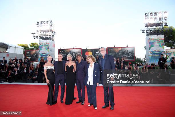 Beatrice Vendramin, Matteo Olivetti, Micaela Ramazzotti, Sergio Rubini, Anna Galiena and Max Tortora attend a red carpet for the movie "Felicità" at...