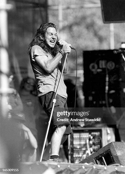 Eddie Vedder performs Aug. 5, 1992 with Pearl Jam at Lollapalooza '92 in Barrie, ON.