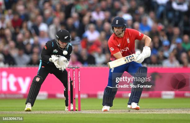 England batsman Will Jacks hits out watched by New Zealand wicketkeeper Tim Seifert during the 2nd Vitality T20I match between England and New...