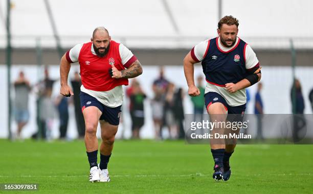 Joe Marler and Will Stuart of England sprint during a training session at Stade Ferdinand Petit on September 01, 2023 in Le Touquet-Paris-Plage,...