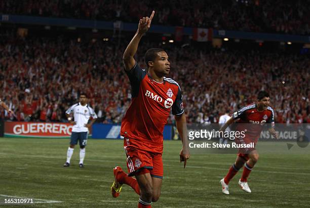 Toronto FC forward Ryan Johnson scores the first goal of the game in first half action as Toronto FC play Los Angeles Galaxy in the first leg of...