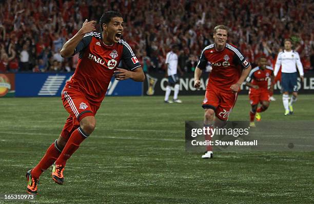 Toronto FC midfielder Luis Silva celebrates his goal in first half action as Toronto FC play Los Angeles Galaxy in the first leg of their CONCACAF...
