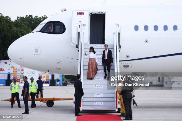 Prime Minister Rishi Sunak and his wife Akshata Murty arrive at Indira Gandhi Airport for an official visits ahead of the G20 Summit, on September 8,...
