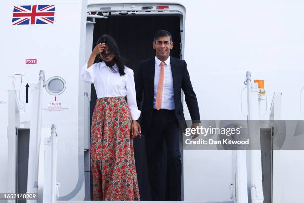 Prime Minister Rishi Sunak and his wife Akshata Murty arrive at Indira Gandhi Airport for an official visit ahead of the G20 Summit, on September 8,...