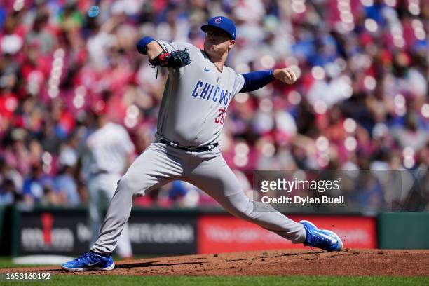 Jordan Wicks of the Chicago Cubs pitches in the first inning against the Cincinnati Reds during game one of a doubleheader at Great American Ball...