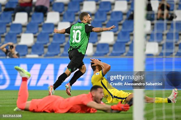 Domenico Barardi of US Sassuolo celebrates after scoring the team's second goal during the Serie A TIM match between US Sassuolo and Hellas Verona FC...