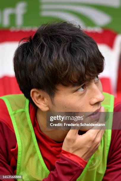 Ao Tanaka of Fortuna Düsseldorf looks on during the Second Bundesliga match between Fortuna Düsseldorf and Karlsruher SC at Merkur Spiel-Arena on...